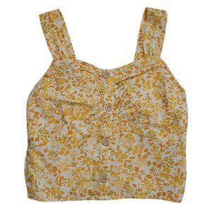 Monteau Tank Top Smocked Crop Yellow Floral Linen Blend Medium Cottagecore Boho